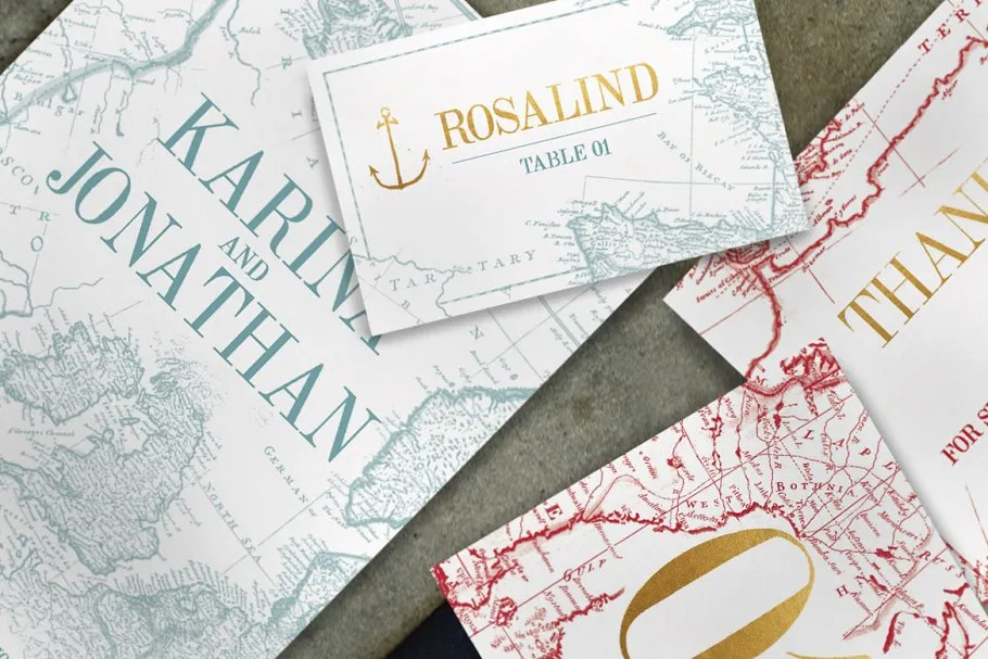 复古地图背景婚礼物料设计模板 Vintage Map Wedding Suite插图(2)