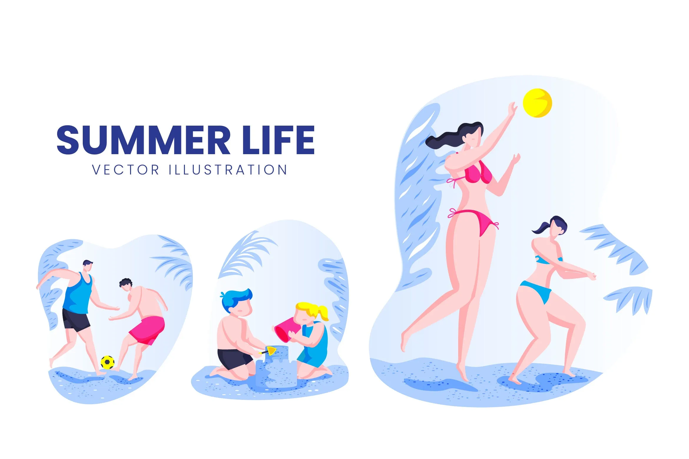 夏季生活人物形象像素设计精选手绘插画矢量素材 Summer Life Activity Vector Character Set