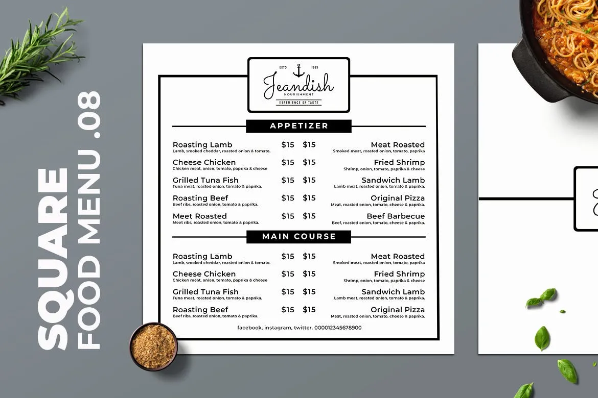 黑白配色西餐像素设计精选菜单模板v08 Square Food Menu. 08