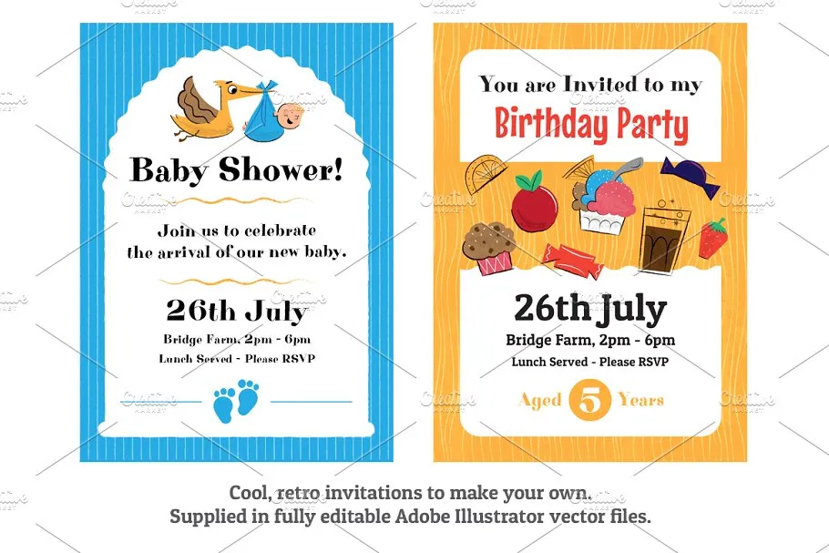 复古风格儿童派对聚会邀请函 Retro Children’s Party Invitations插图(1)