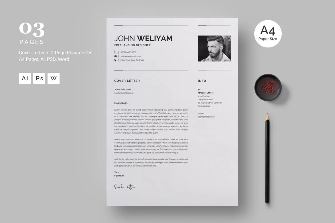 方形大头贴照片现代简约履历表版式设计模板 Professional and Clean Resume Template插图(2)