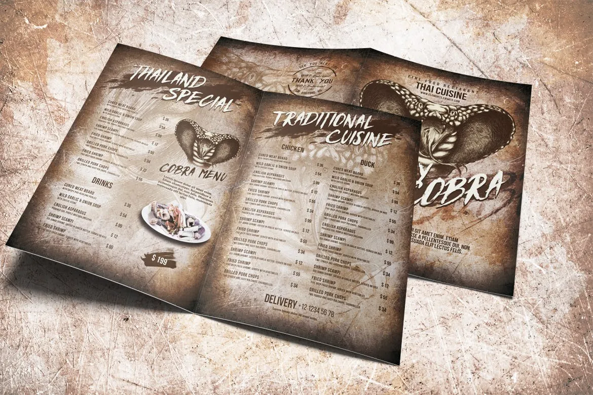 泰国特色菜餐馆菜单设计模板合集 Spicy Cobra Thai Food Menu Bundle插图(7)