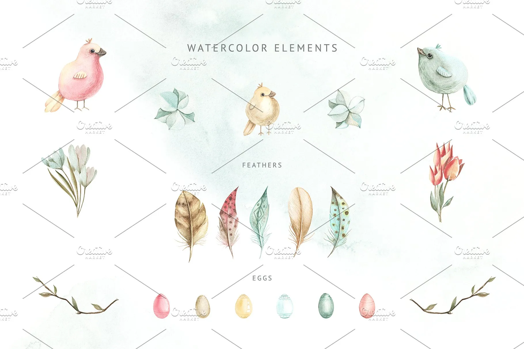 小鸟、树叶&花卉水彩粉画剪贴画 Watercolor Pastel Mood插图(1)