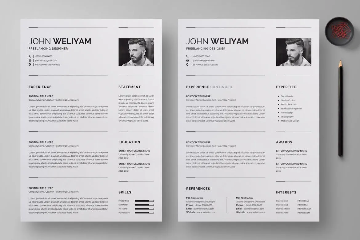 方形大头贴照片现代简约履历表版式设计模板 Professional and Clean Resume Template插图(1)