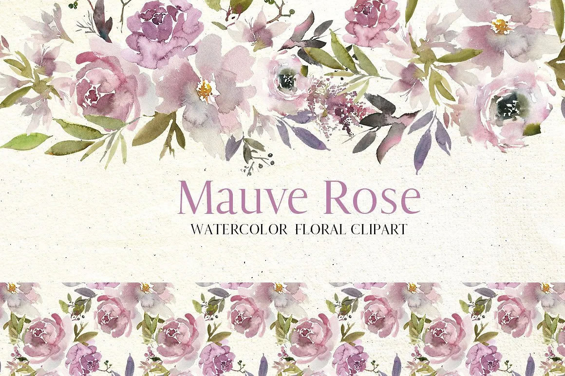 淡紫色玫瑰水彩花卉剪贴画 Mauve Rose Watercolor Floral Clipart插图