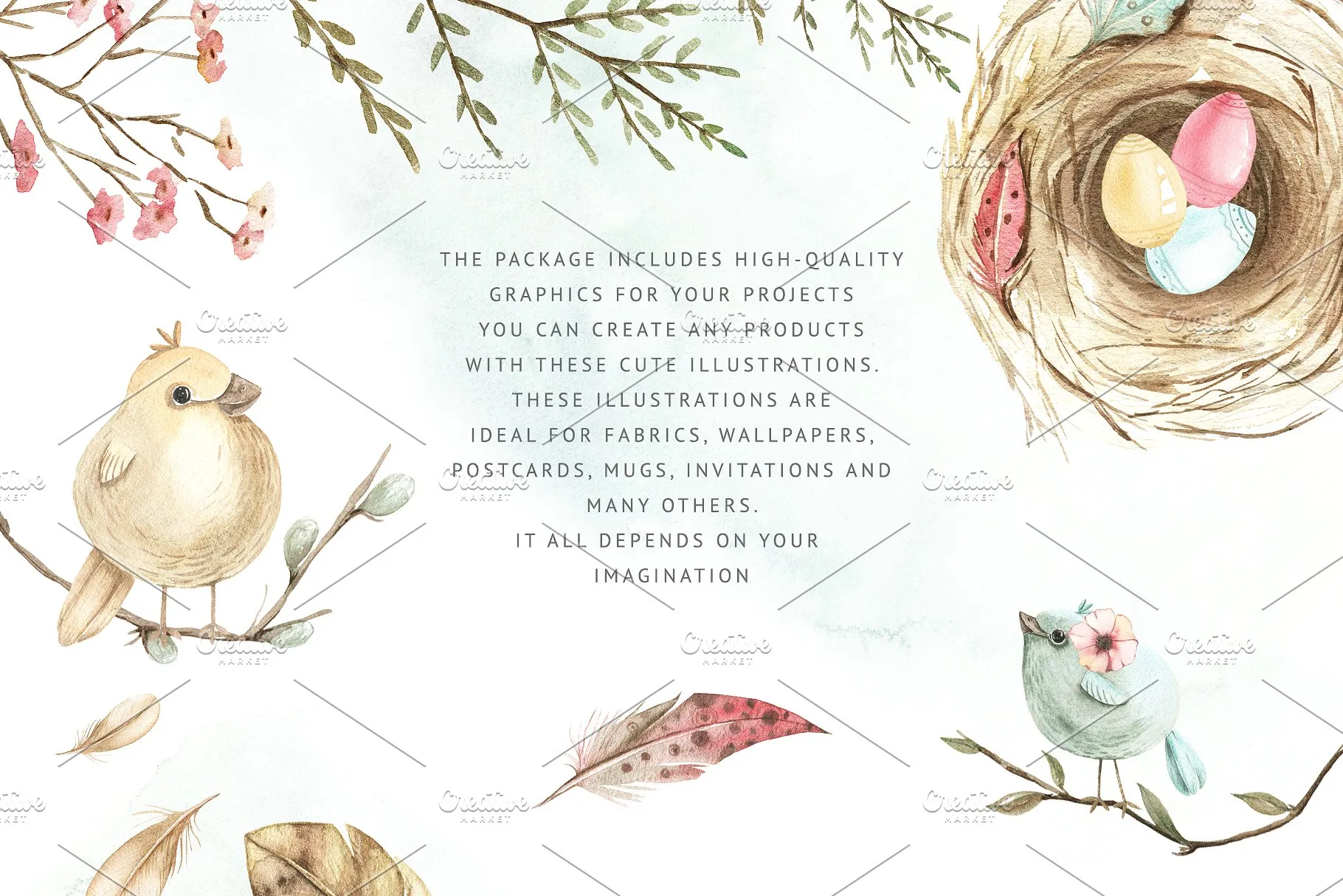 小鸟、树叶&花卉水彩粉画剪贴画 Watercolor Pastel Mood插图(2)