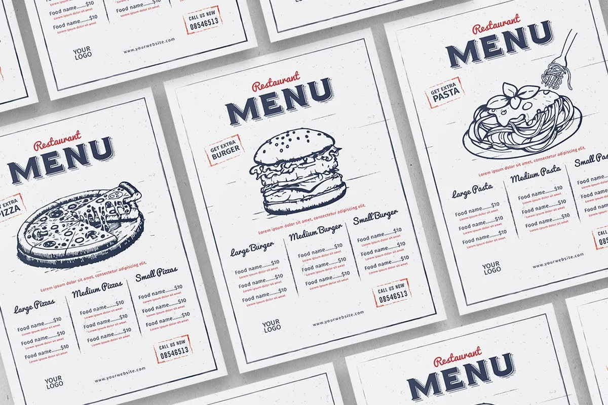 复古素描插画设计风格餐厅菜单设计模板素材 Vintage Restaurant Menu