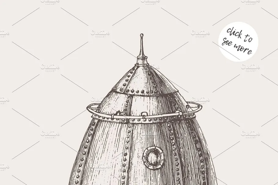 蒸汽朋克火箭船素描图形素材 Set of steam punk rocket ships插图(1)