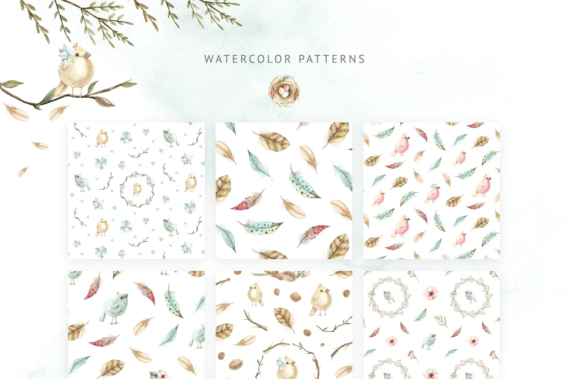小鸟、树叶&花卉水彩粉画剪贴画 Watercolor Pastel Mood插图(3)
