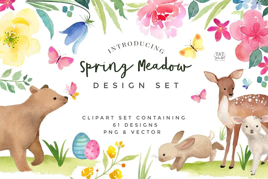 春天的大自然水彩剪贴画合集 Clipart Set#8211; Spring Meadow