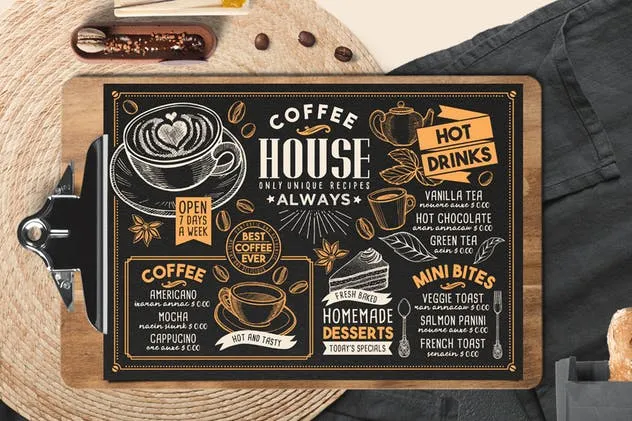 复古粉笔画设计咖啡馆菜单PSD模板 Coffee Menu Template插图(2)