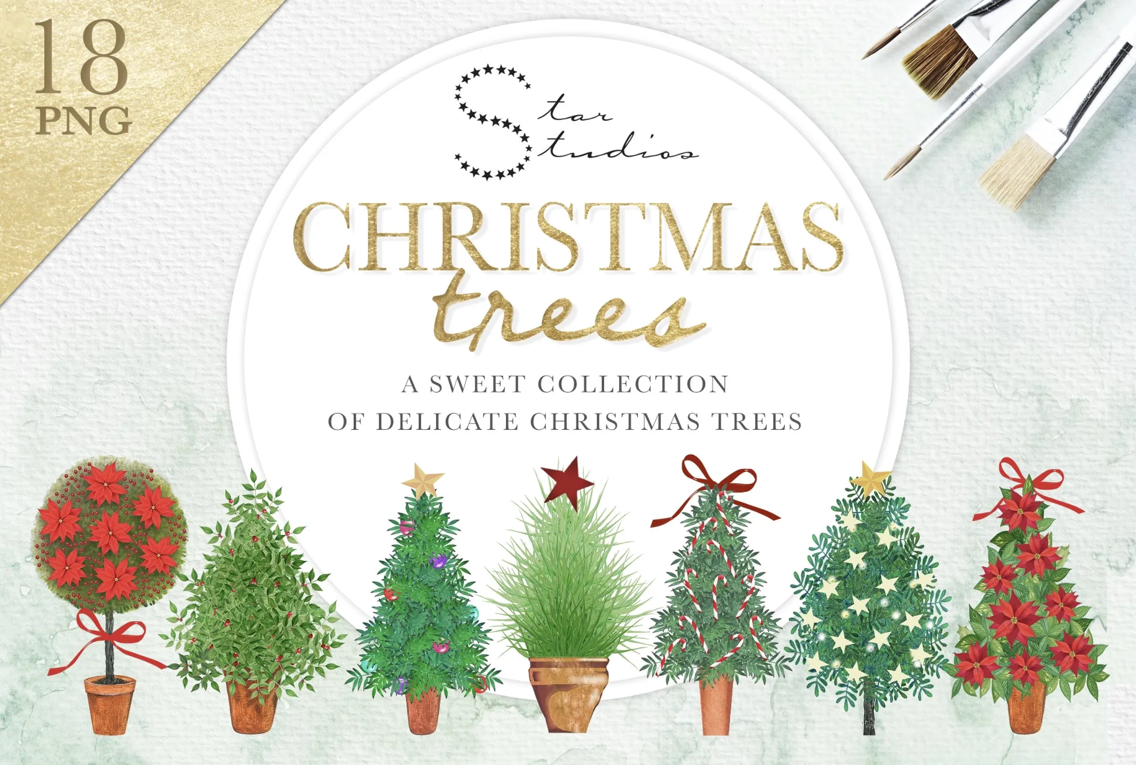 18个水彩圣诞树的甜美小集合插图