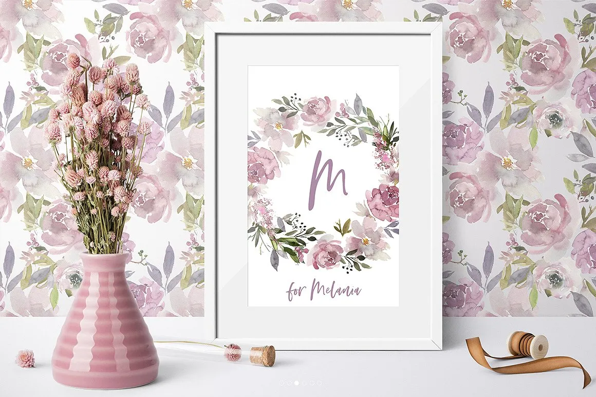 淡紫色玫瑰水彩花卉剪贴画 Mauve Rose Watercolor Floral Clipart插图(5)
