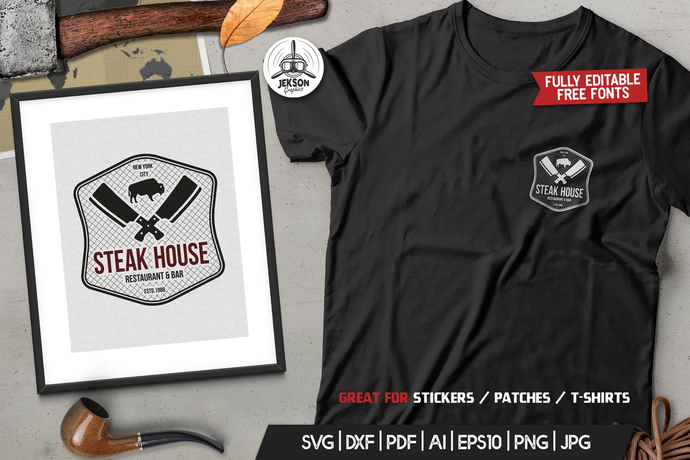牛排屋餐厅Logo设计T恤印花图案设计素材 Steak House Logo Design TShirt. Retro Vector SVG